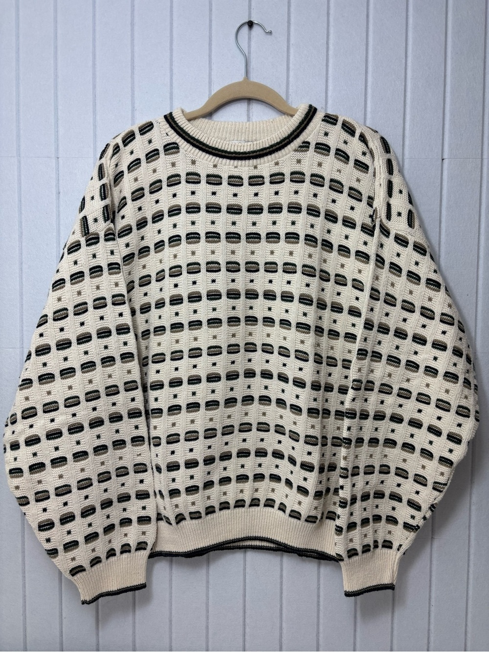 bill blass Vintage Cotton Cream and Black Geometric Crewneck‎ Sweater size L